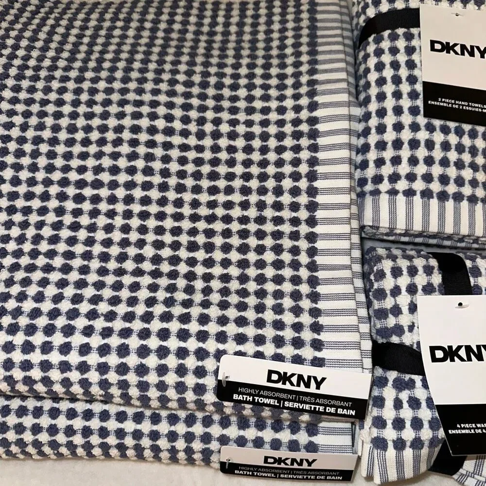 DKNY Bath Towel Set Dusty Navy Blue White Pattern 8 Pieces Total NWT